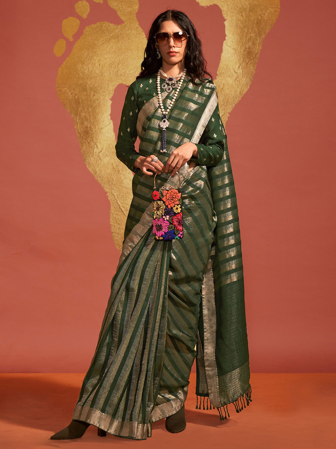 Viscose Silk Green Woven Design Designer Saree With Blouse