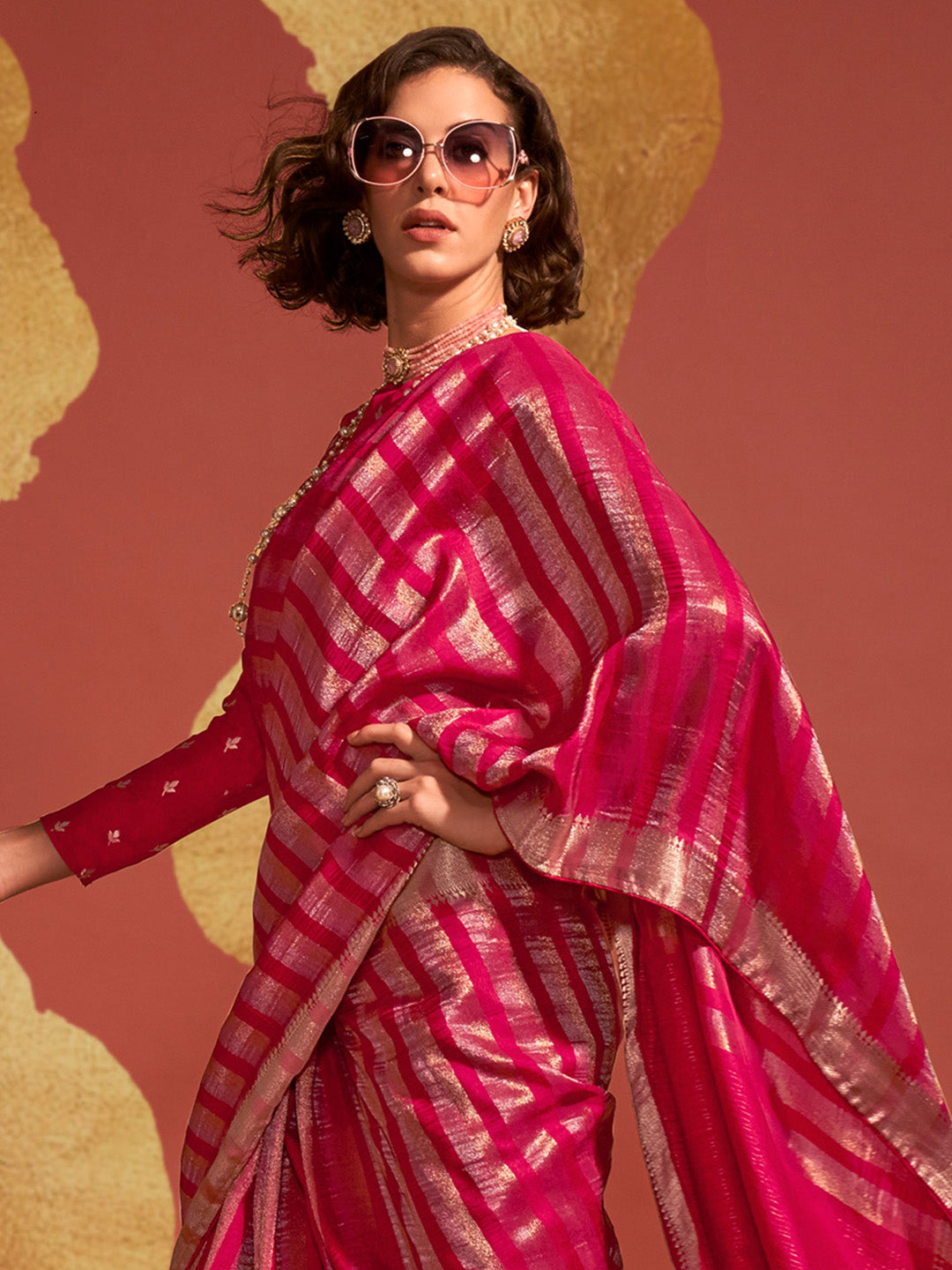 Viscose Silk Pink Woven Design Designer Saree With Blouse