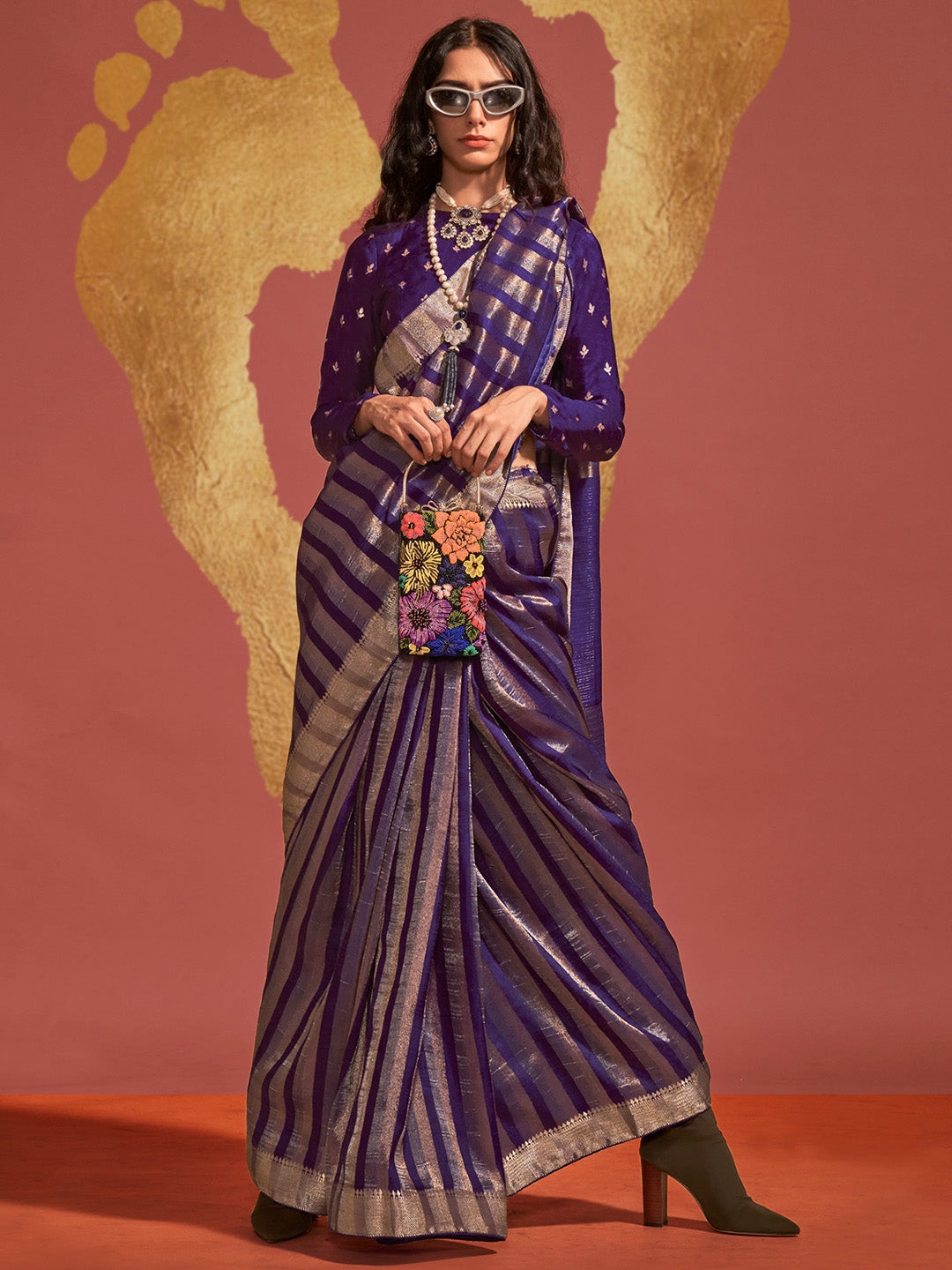 Viscose Silk Purple Woven Design Designer Saree With Blouse