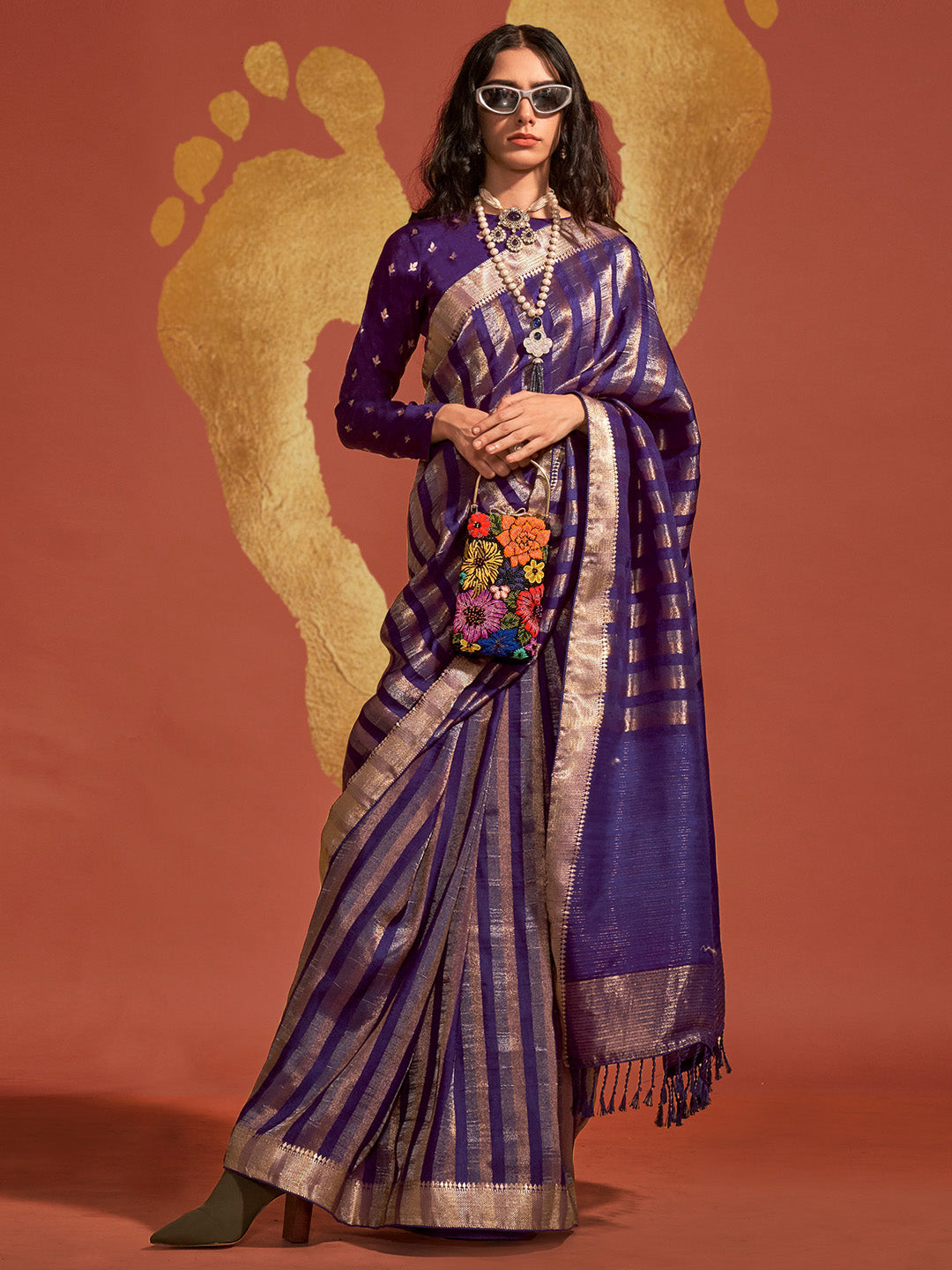 Viscose Silk Purple Woven Design Designer Saree With Blouse