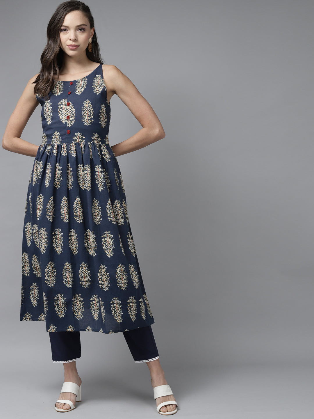 Blue Floral Printed A-line Kurta