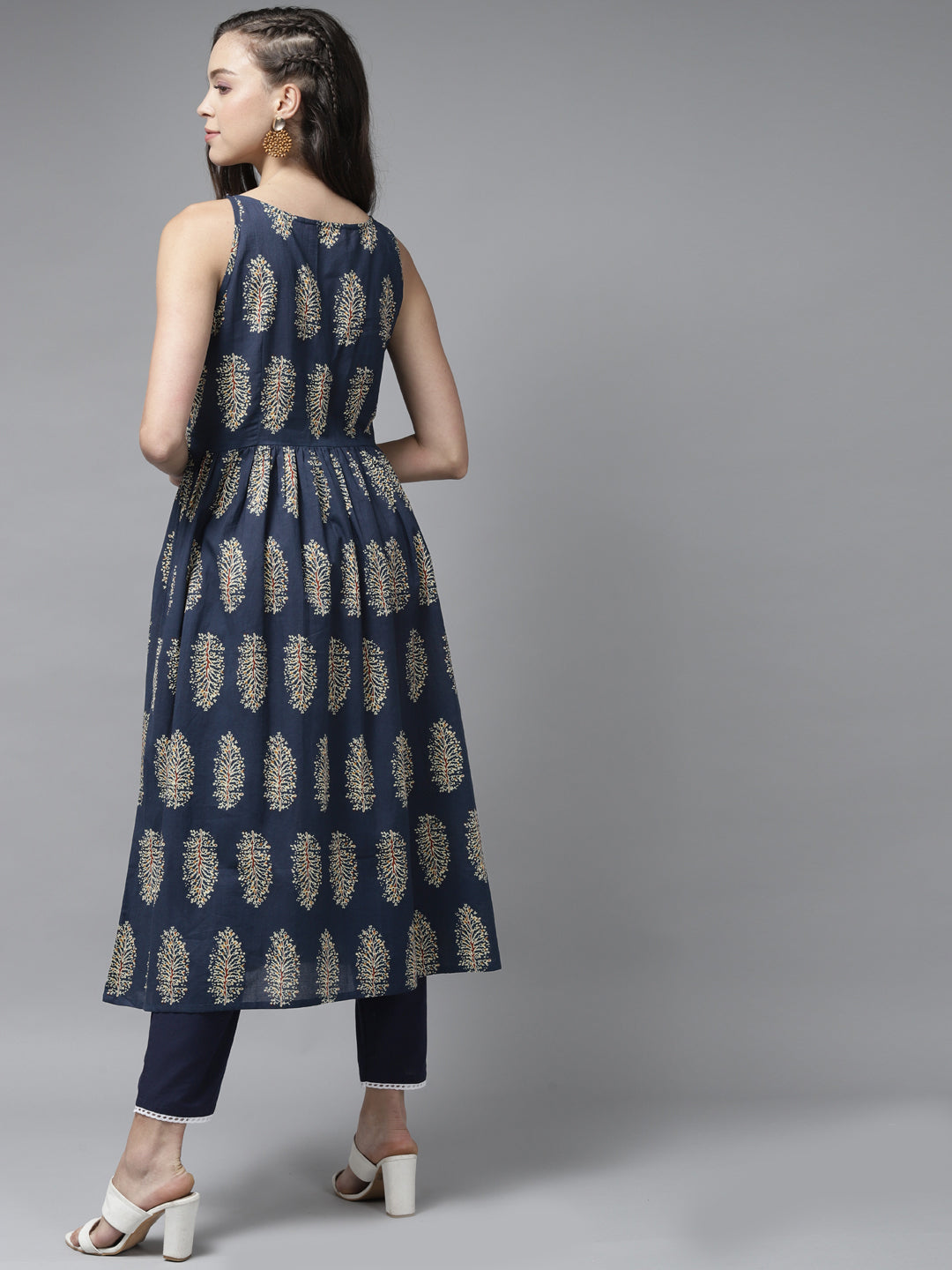 Blue Floral Printed A-line Kurta