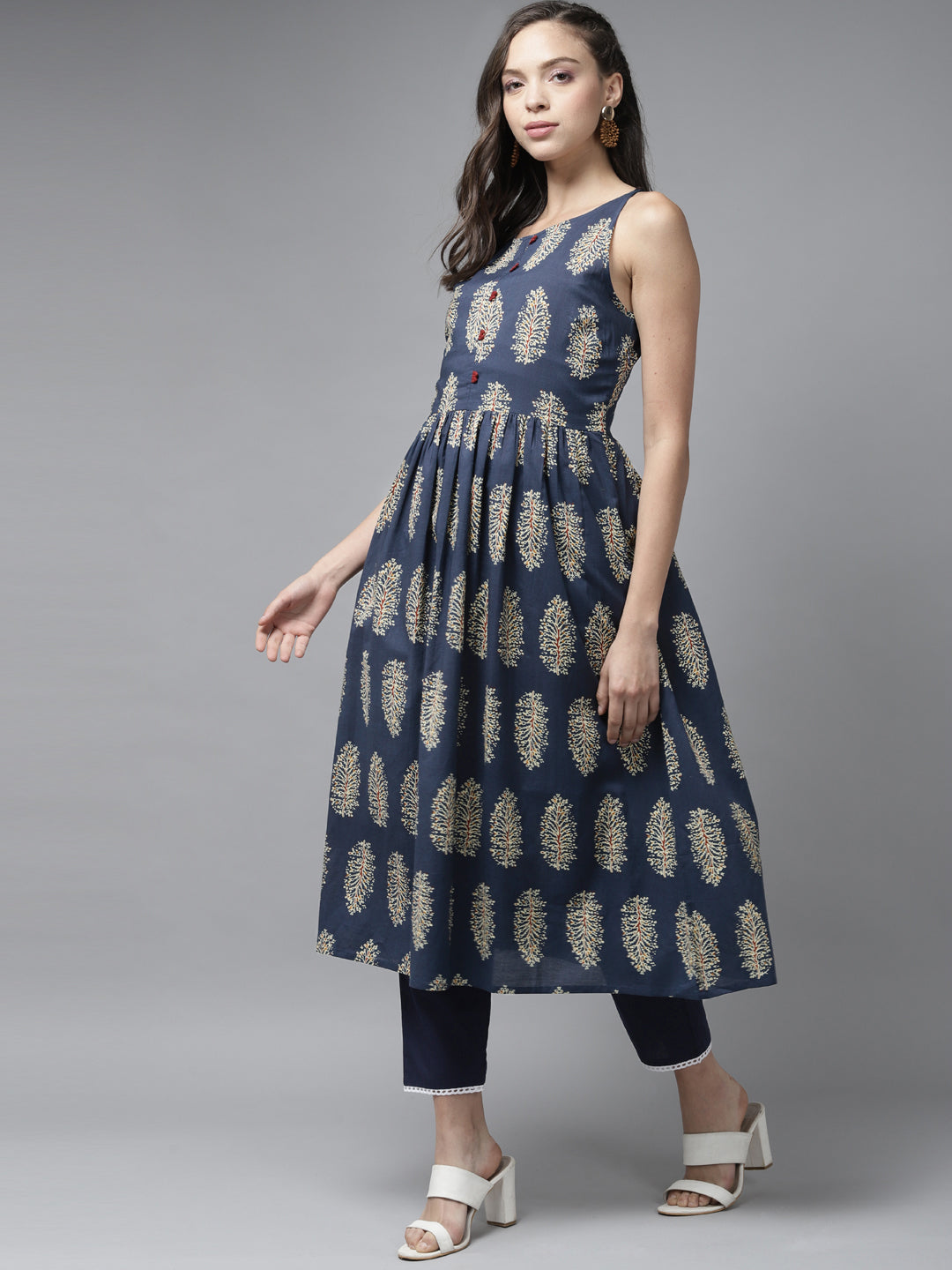 Blue Floral Printed A-line Kurta