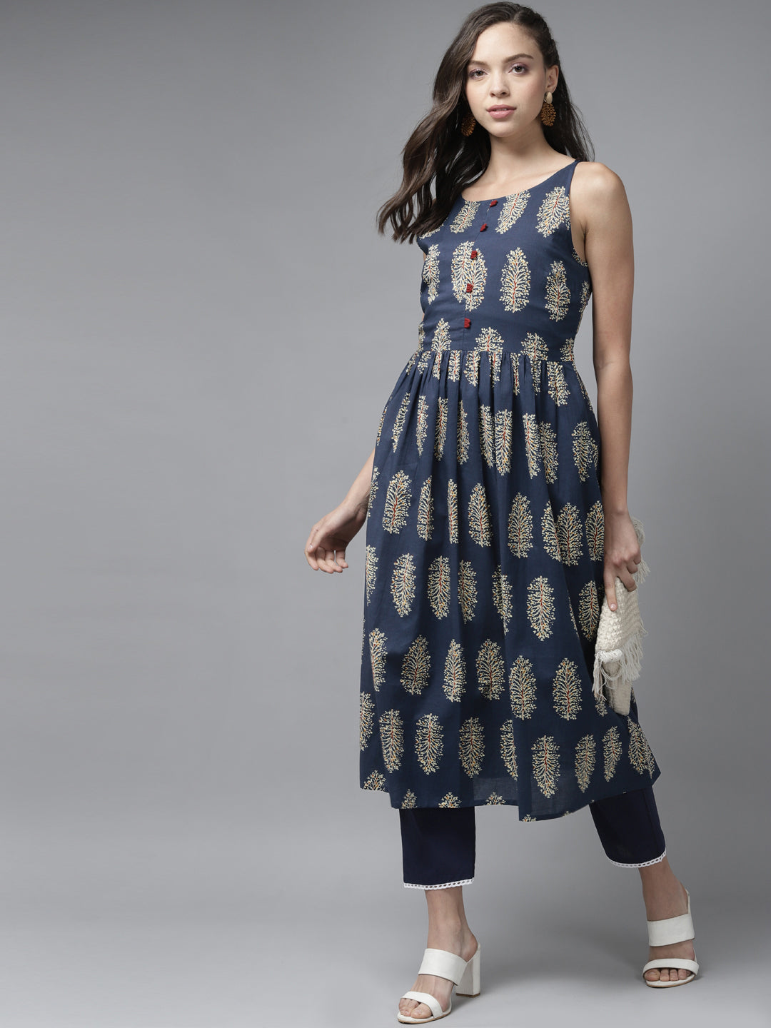 Blue Floral Printed A-line Kurta