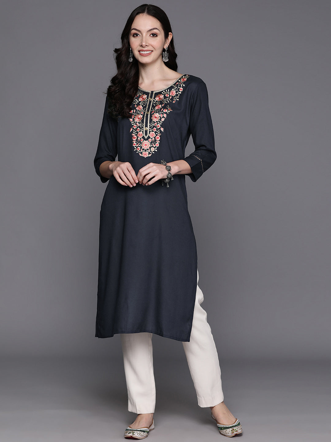 Blue Embroidered Straight Kurtas