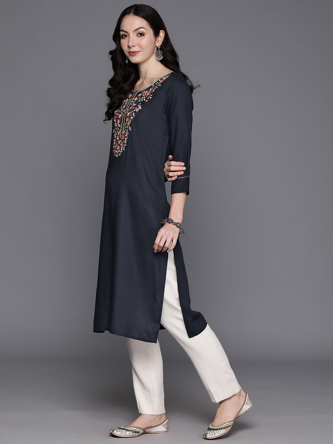 Blue Embroidered Straight Kurtas