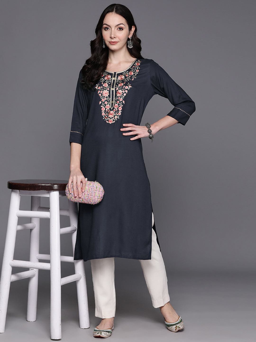 Blue Embroidered Straight Kurtas