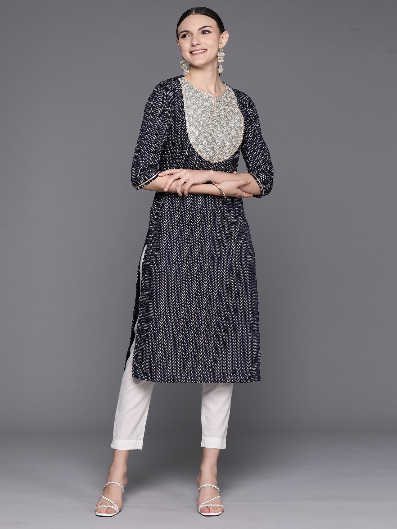 Navy Blue Embroidered Straight Kurtas