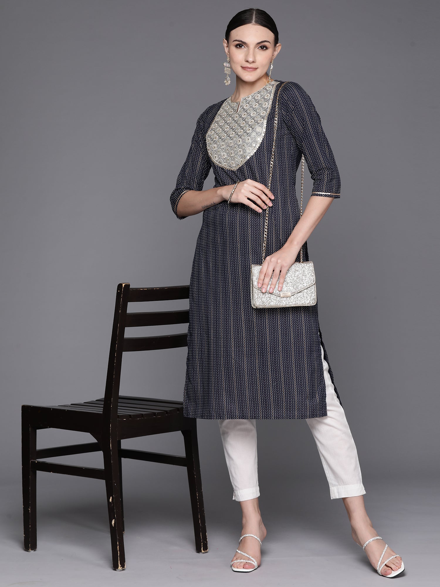 Navy Blue Embroidered Straight Kurtas