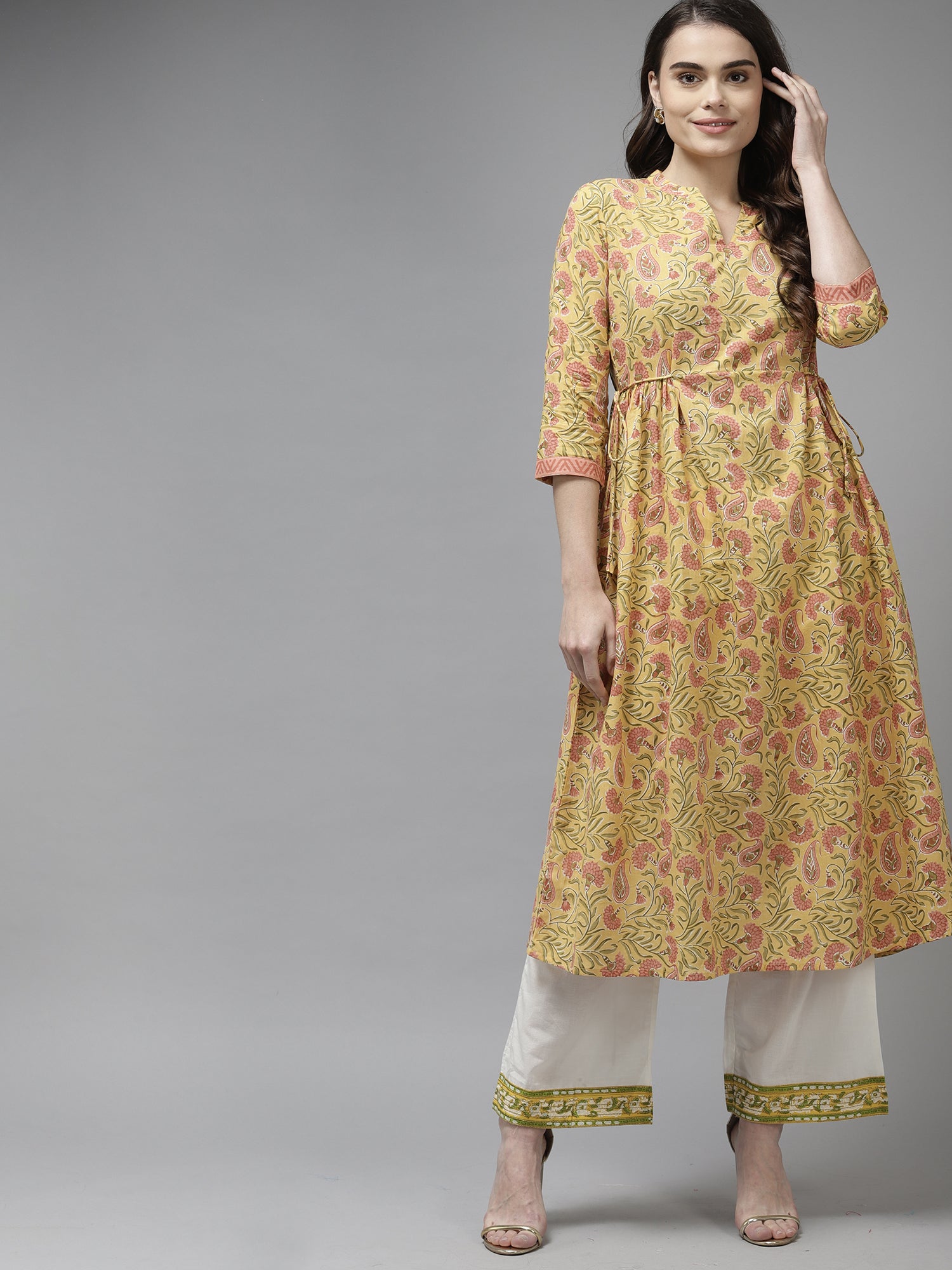 Yellow Floral Printed A-line Kurta