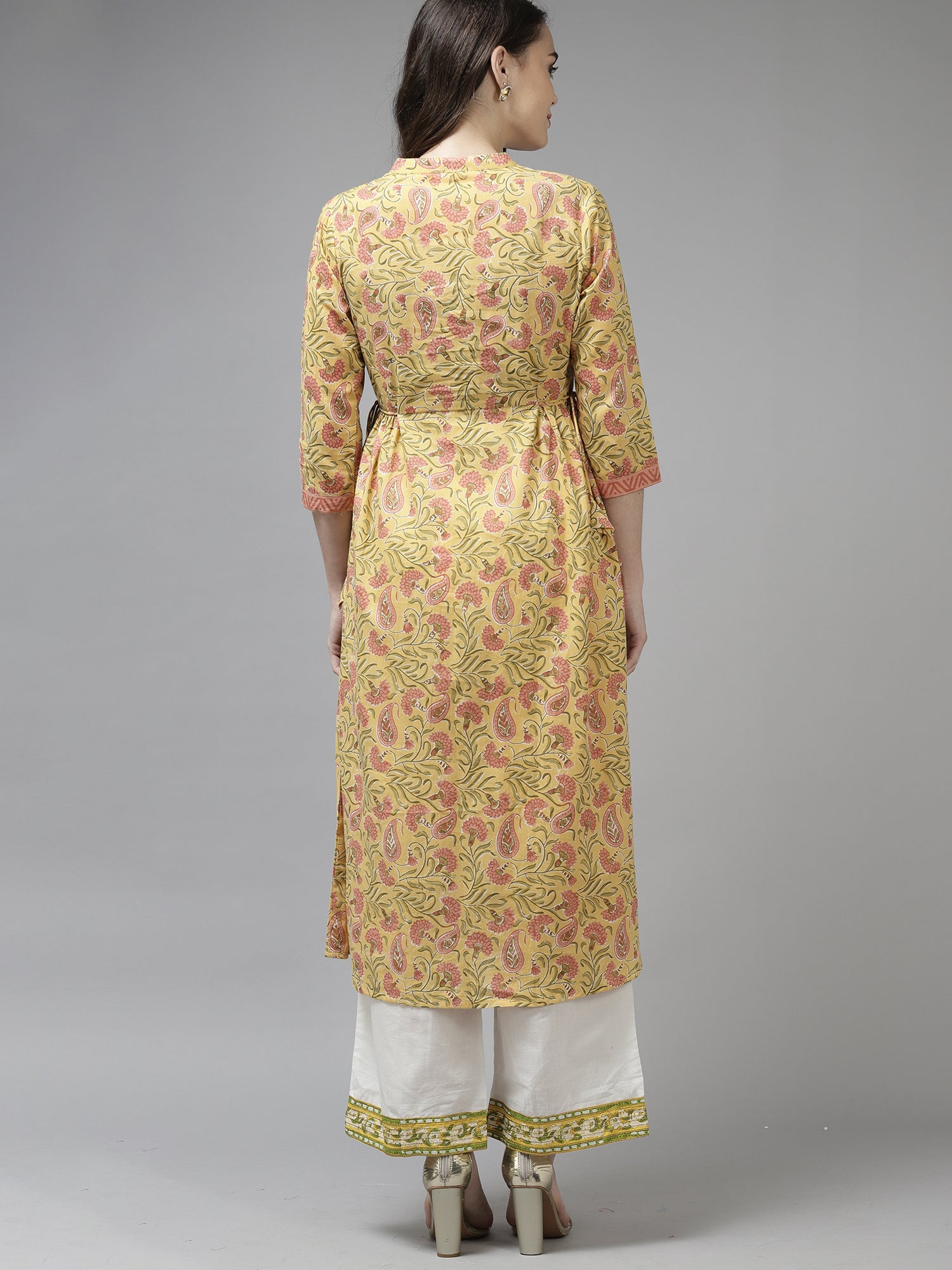 Yellow Floral Printed A-line Kurta