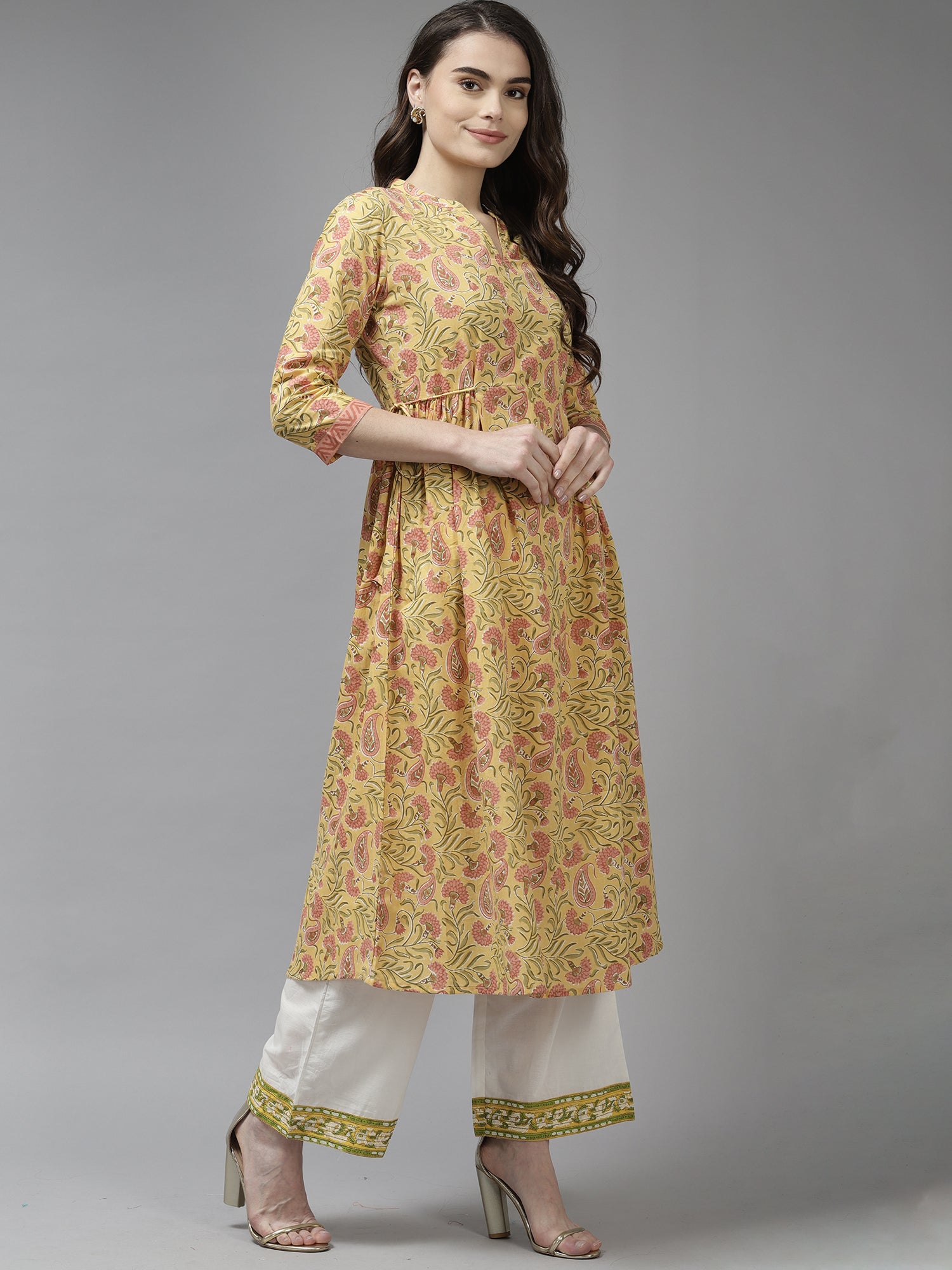 Yellow Floral Printed A-line Kurta