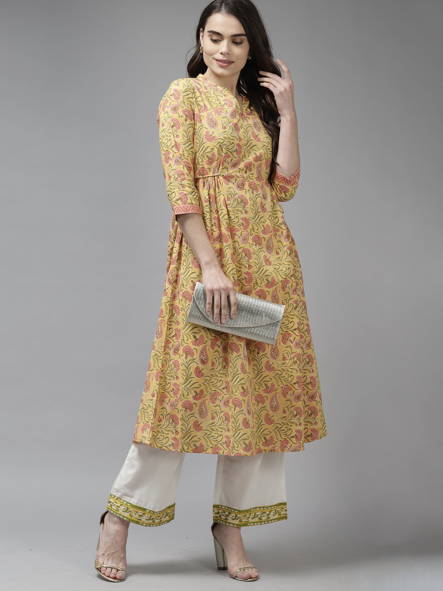 Yellow Floral Printed A-line Kurta