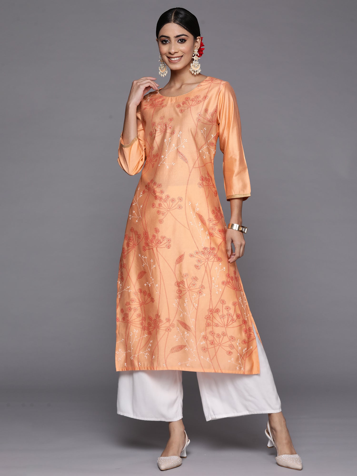 Peach Printed Straight Kurtas