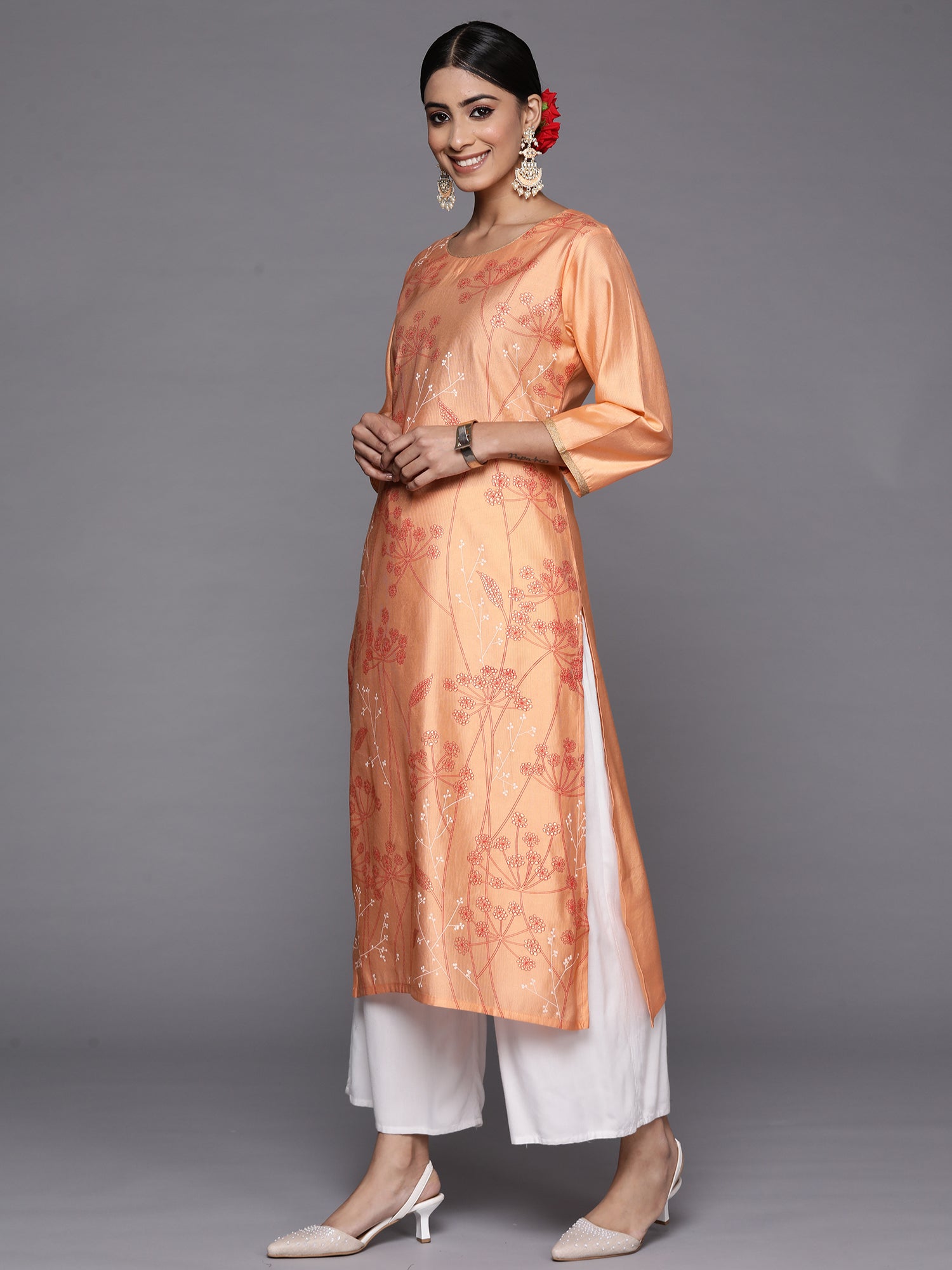 Peach Printed Straight Kurtas