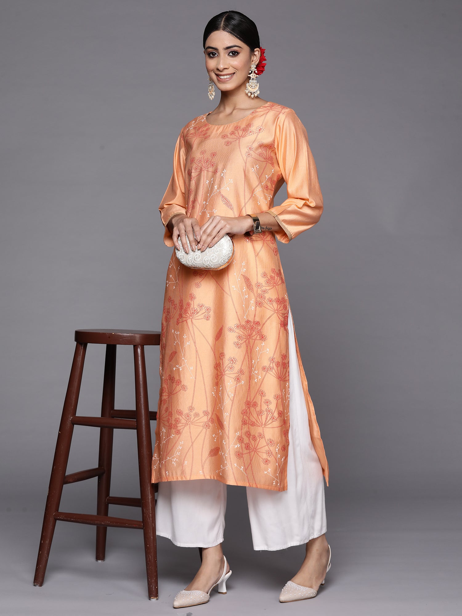 Peach Printed Straight Kurtas