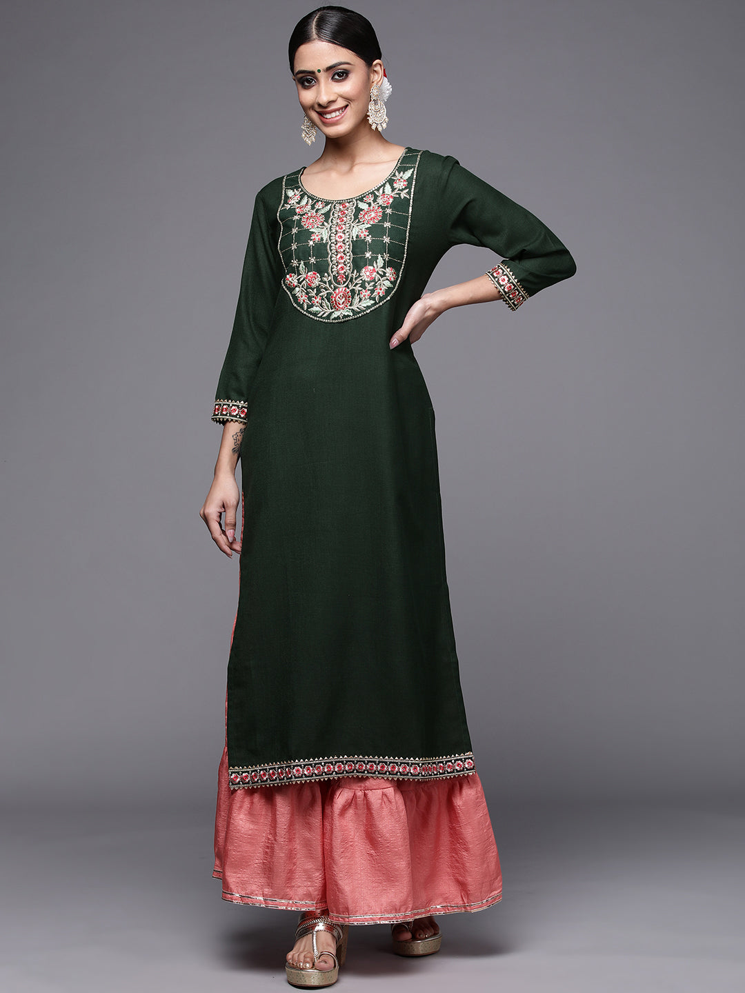 Green Solid Straight Kurtas