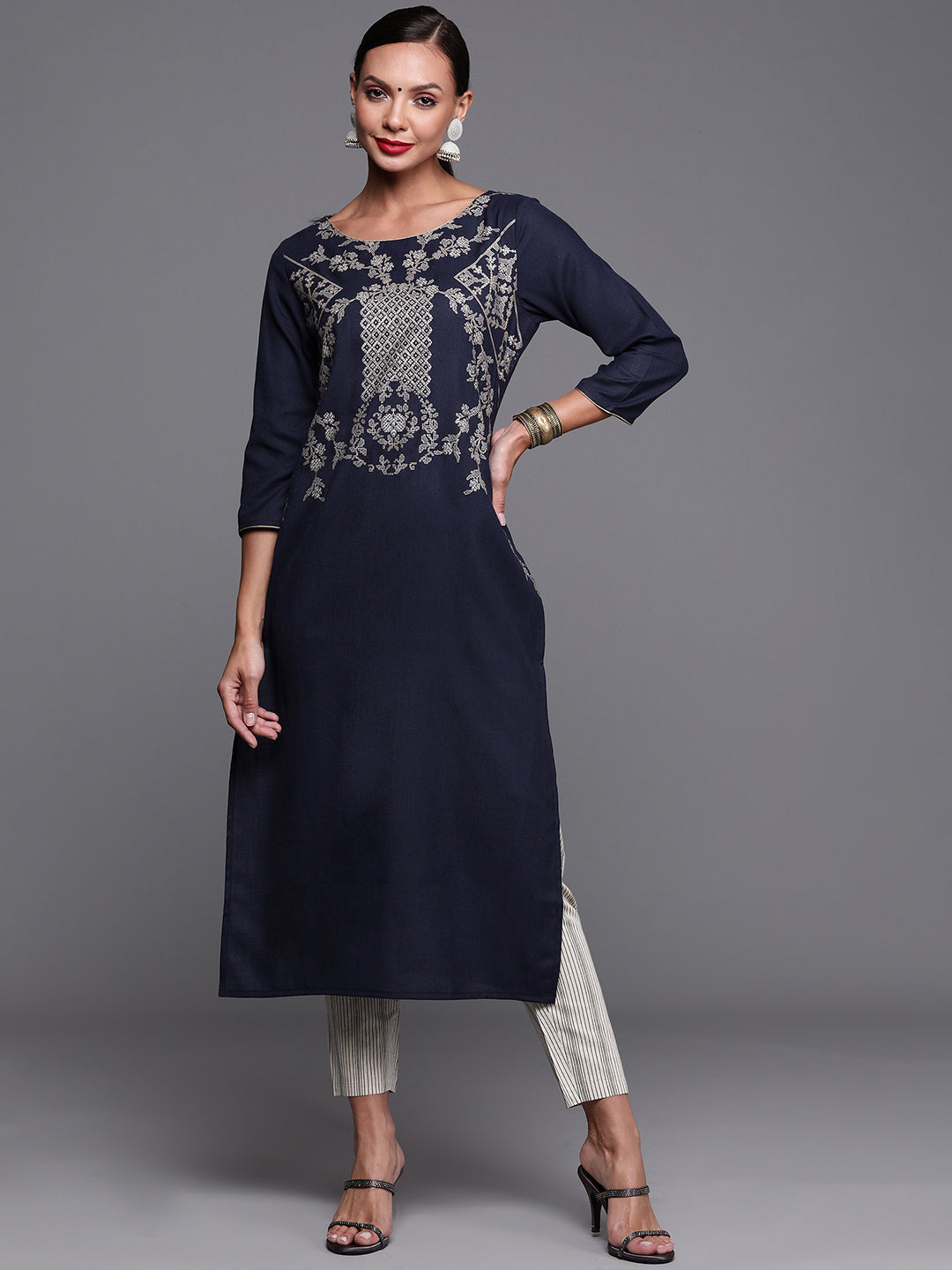 Navy Blue  Foil Printed Straight Kurtas