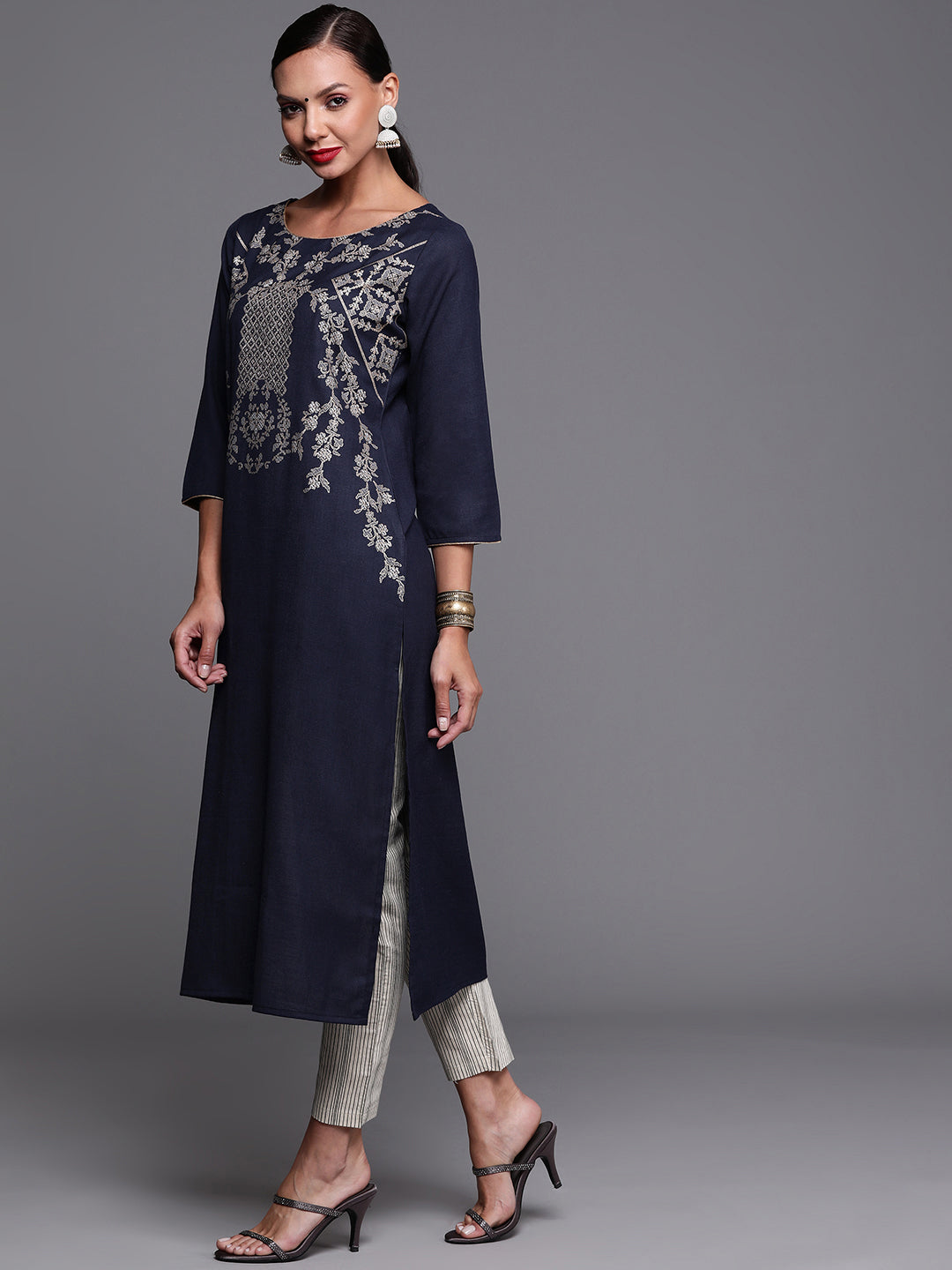 Navy Blue  Foil Printed Straight Kurtas