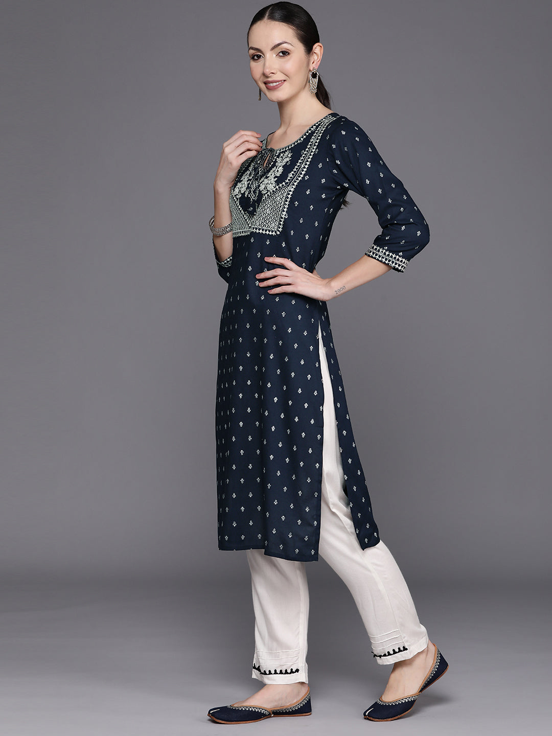 Blue Embroidered Straight Kurtas