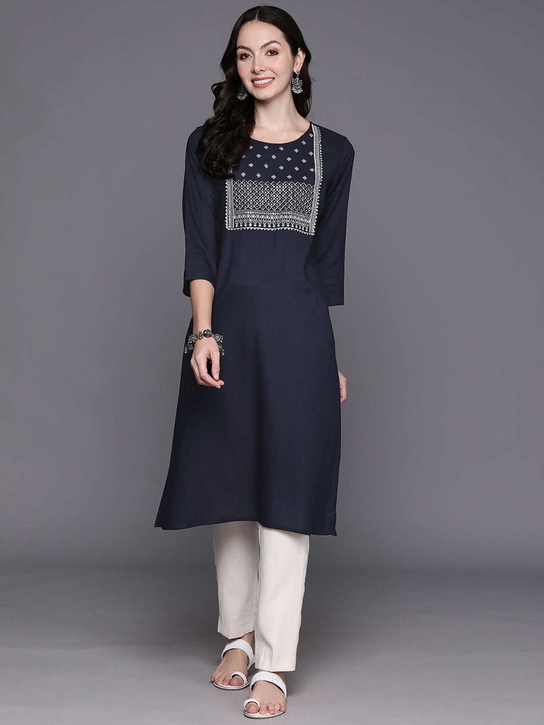 Blue Embroidered Straight Kurtas