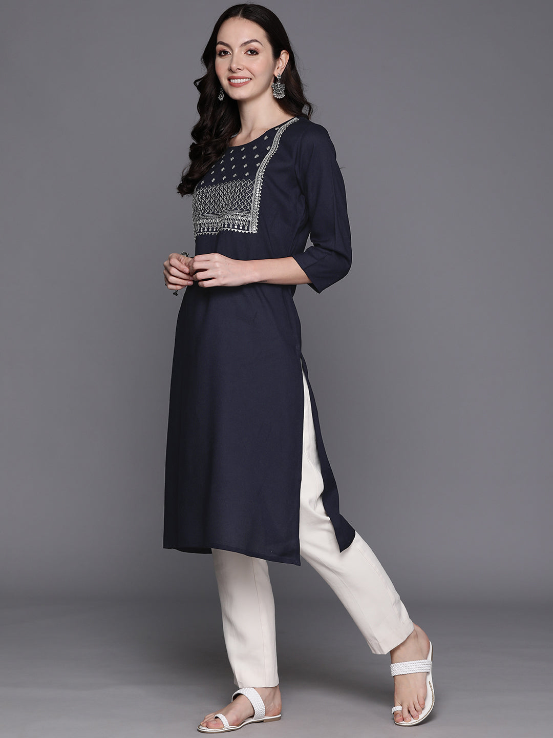 Blue Embroidered Straight Kurtas