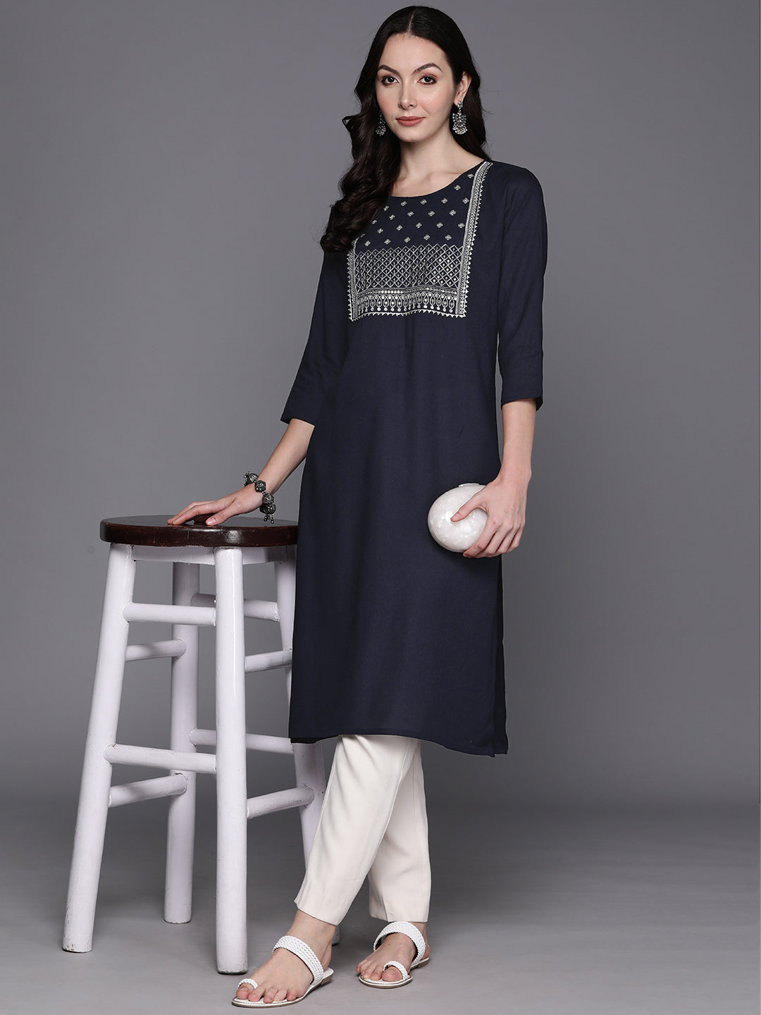 Blue Embroidered Straight Kurtas