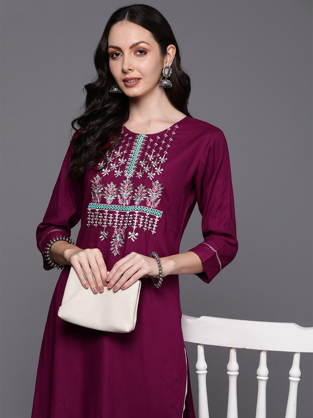 Wine Embroidered Straight Kurtas