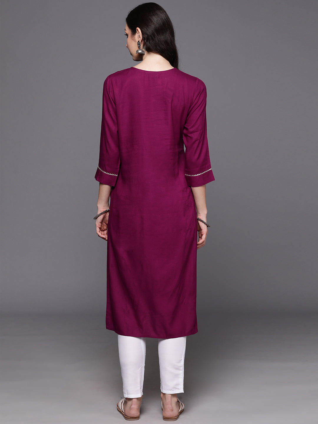 Wine Embroidered Straight Kurtas