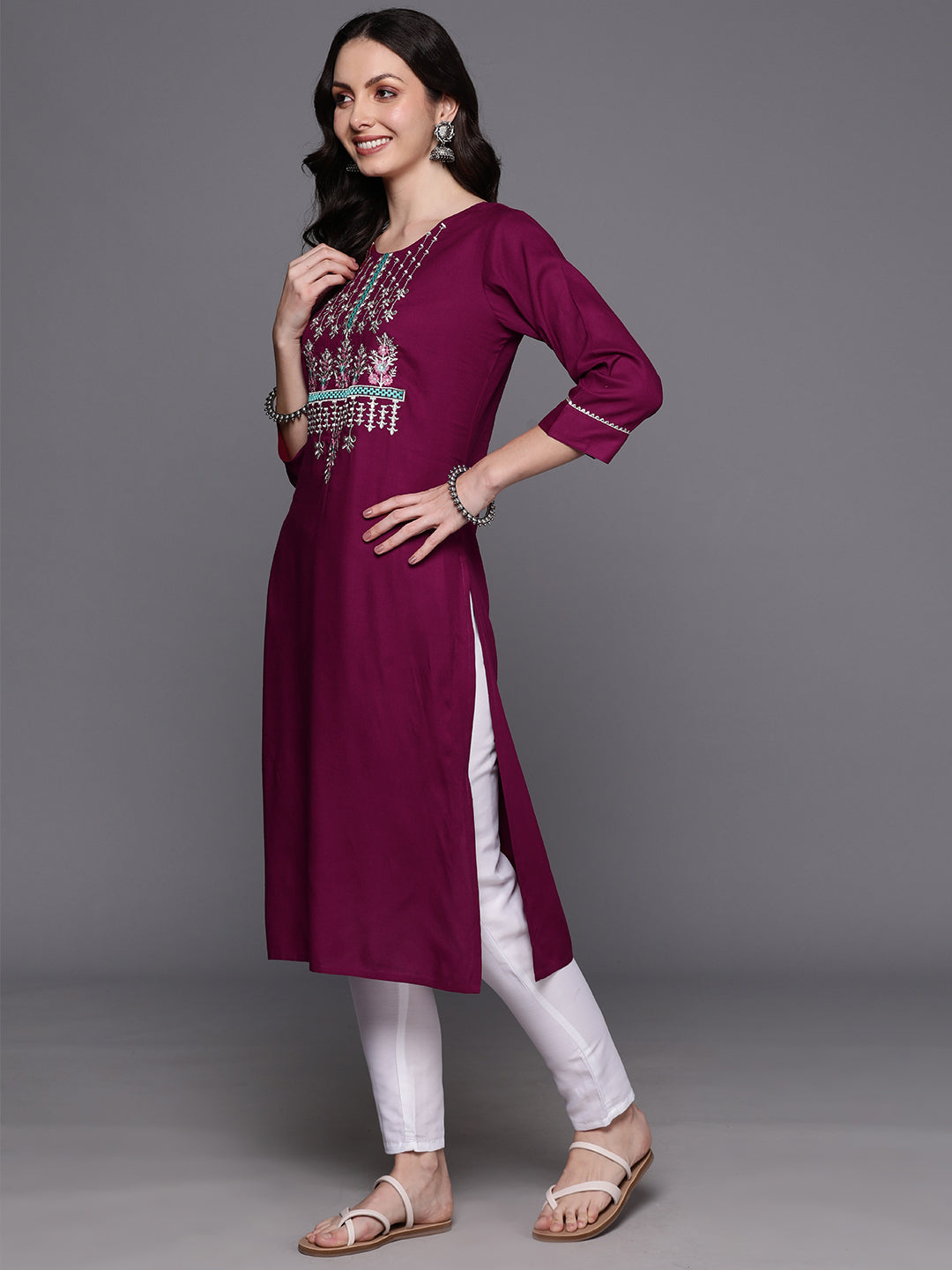 Wine Embroidered Straight Kurtas