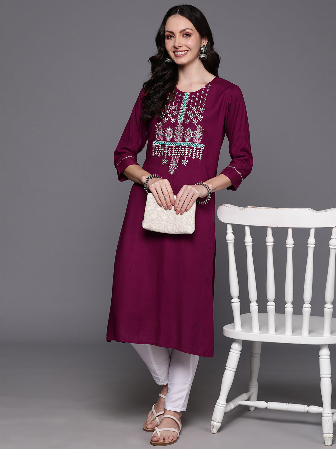 Wine Embroidered Straight Kurtas