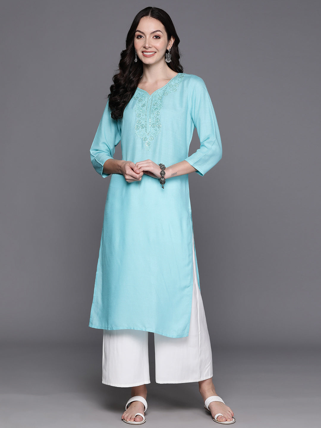 Blue Embroidered Straight Kurtas