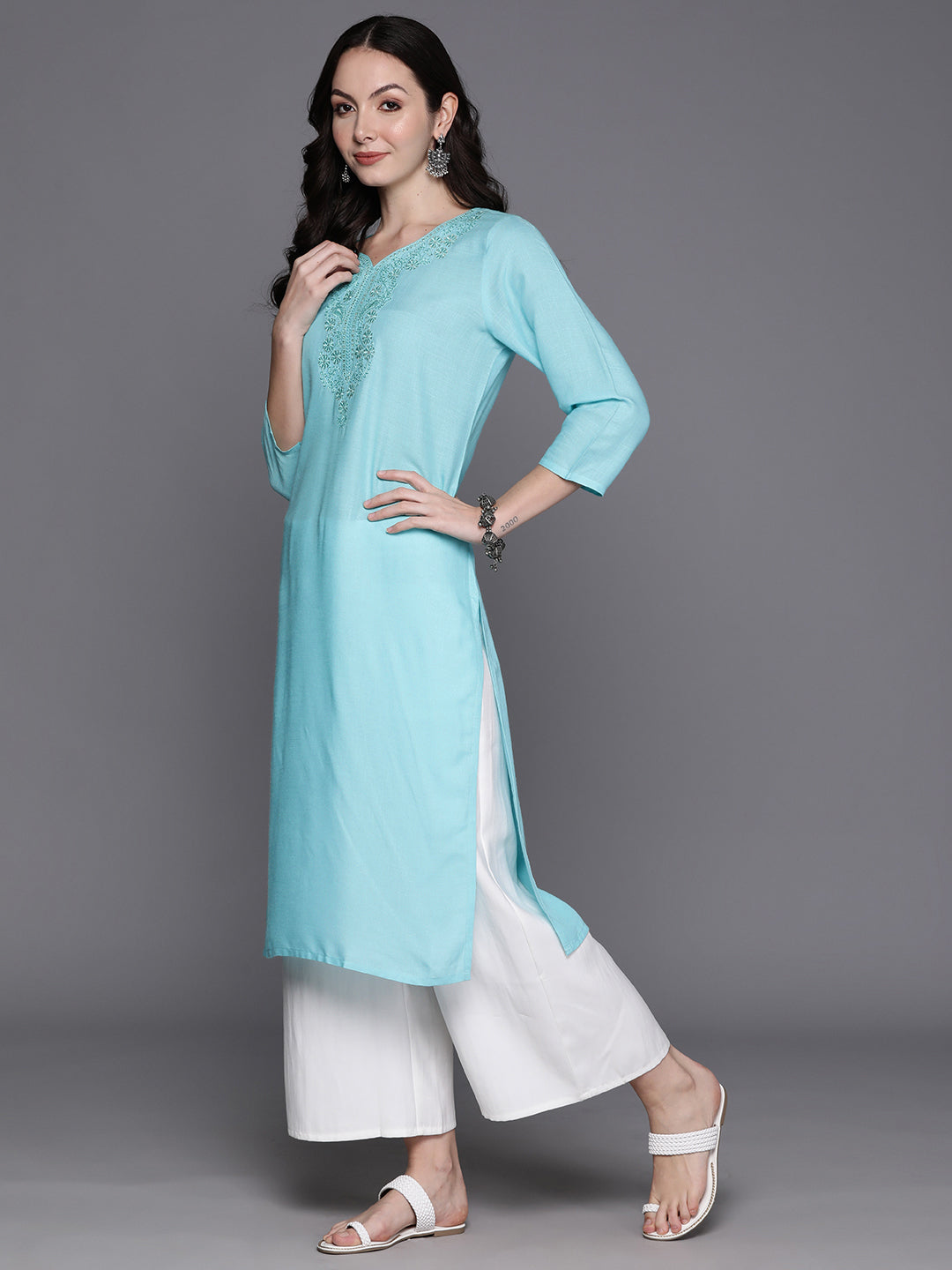 Blue Embroidered Straight Kurtas