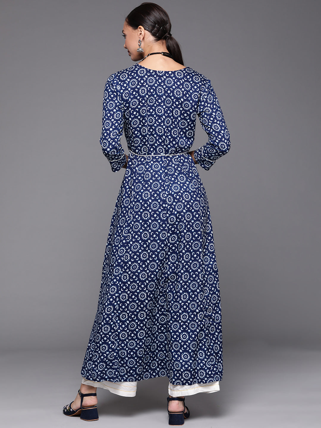 Navy Blue Embroidered A-line Kurta