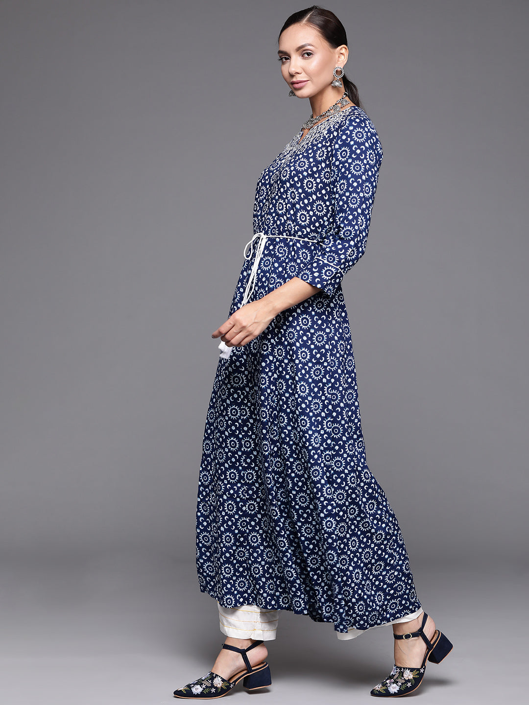 Navy Blue Embroidered A-line Kurta