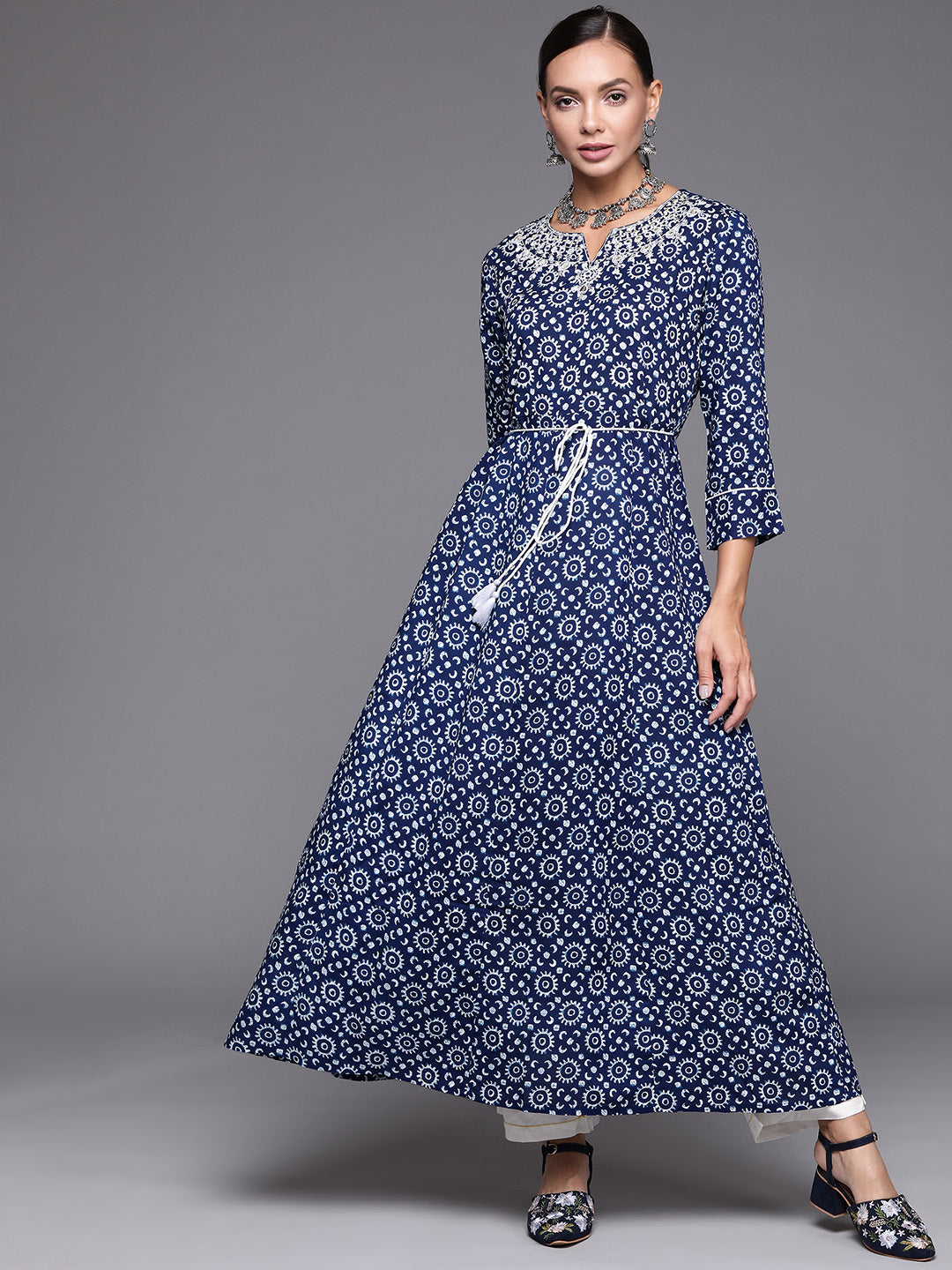 Navy Blue Embroidered A-line Kurta