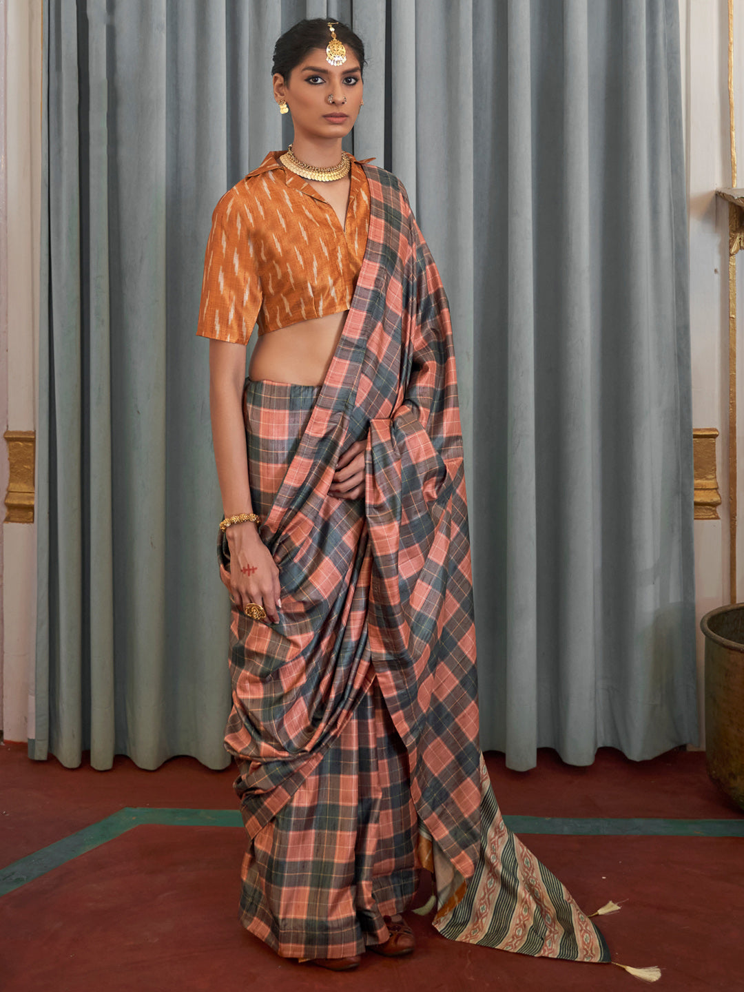 Dola Silk Peach Printed Designer Saree With Blouse