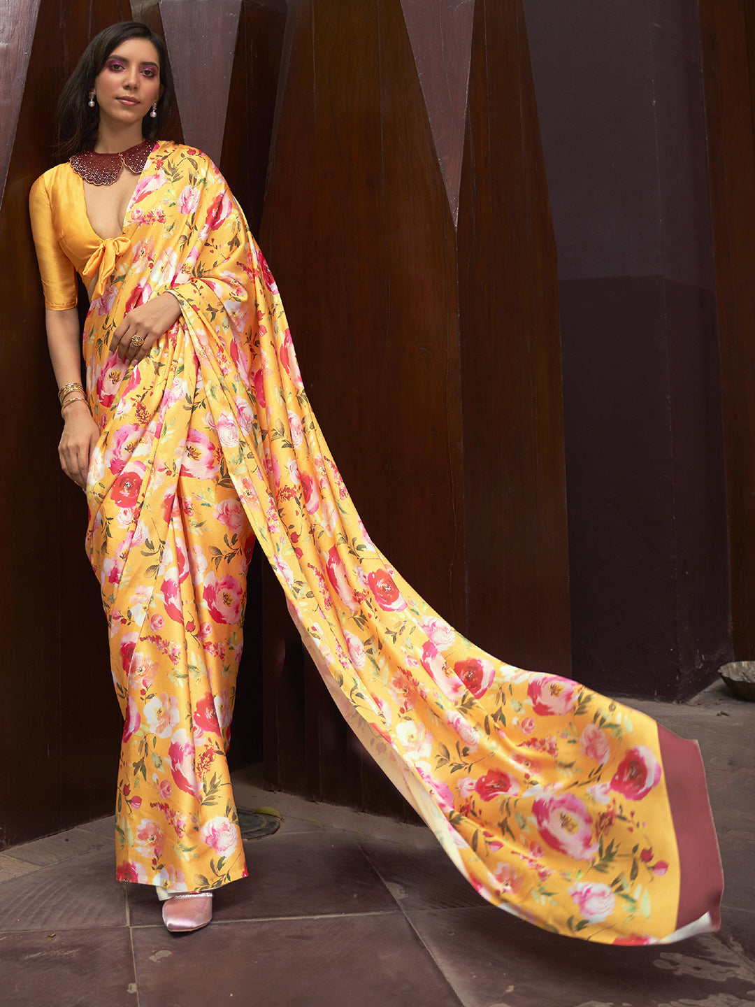 Satin Silk Yellow Digital Print Designer Saree With Blouse