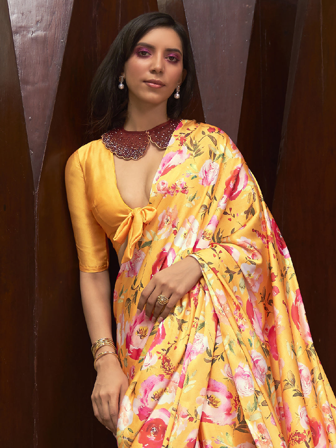 Satin Silk Yellow Digital Print Designer Saree With Blouse