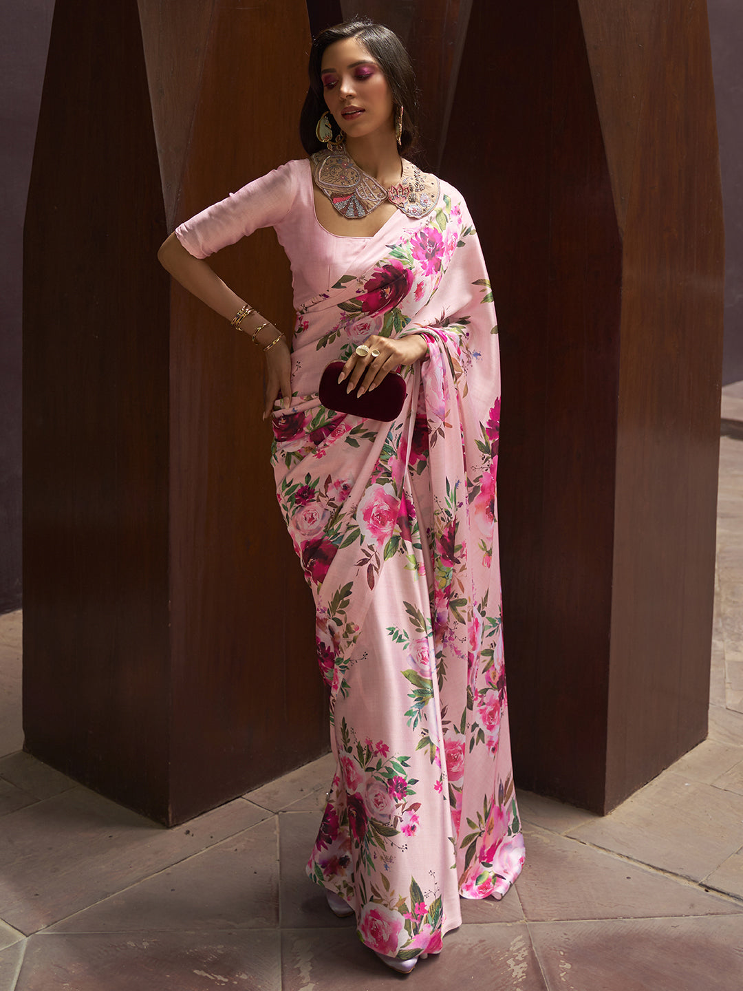 Satin Silk Pink Digital Print Designer Saree With Blouse