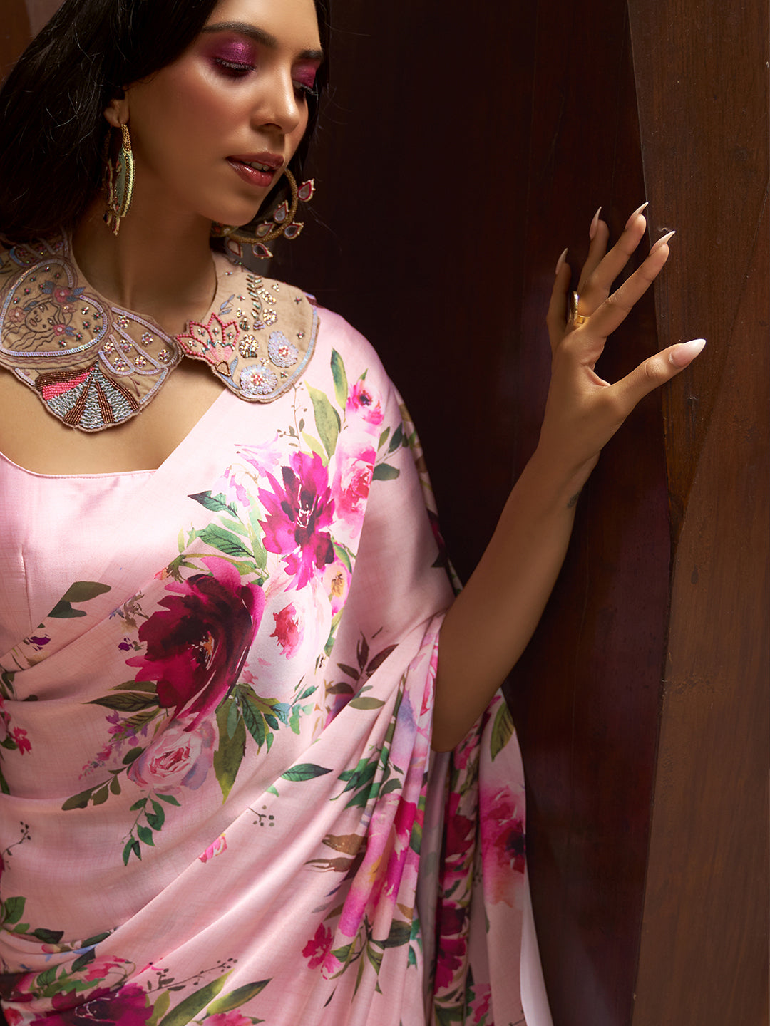 Satin Silk Pink Digital Print Designer Saree With Blouse