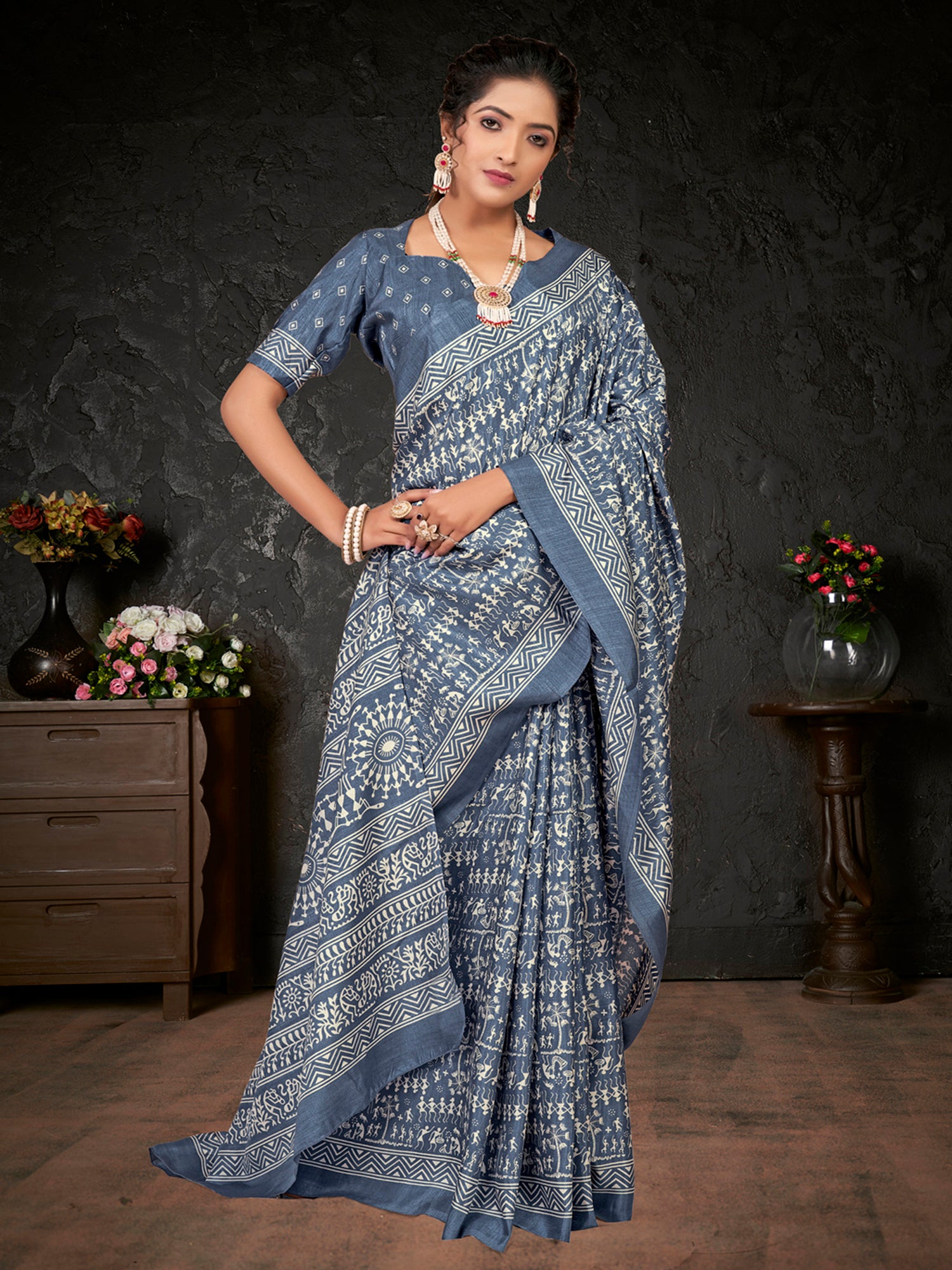 Dola Silk Grey Printed Designer Saree With Blouse
