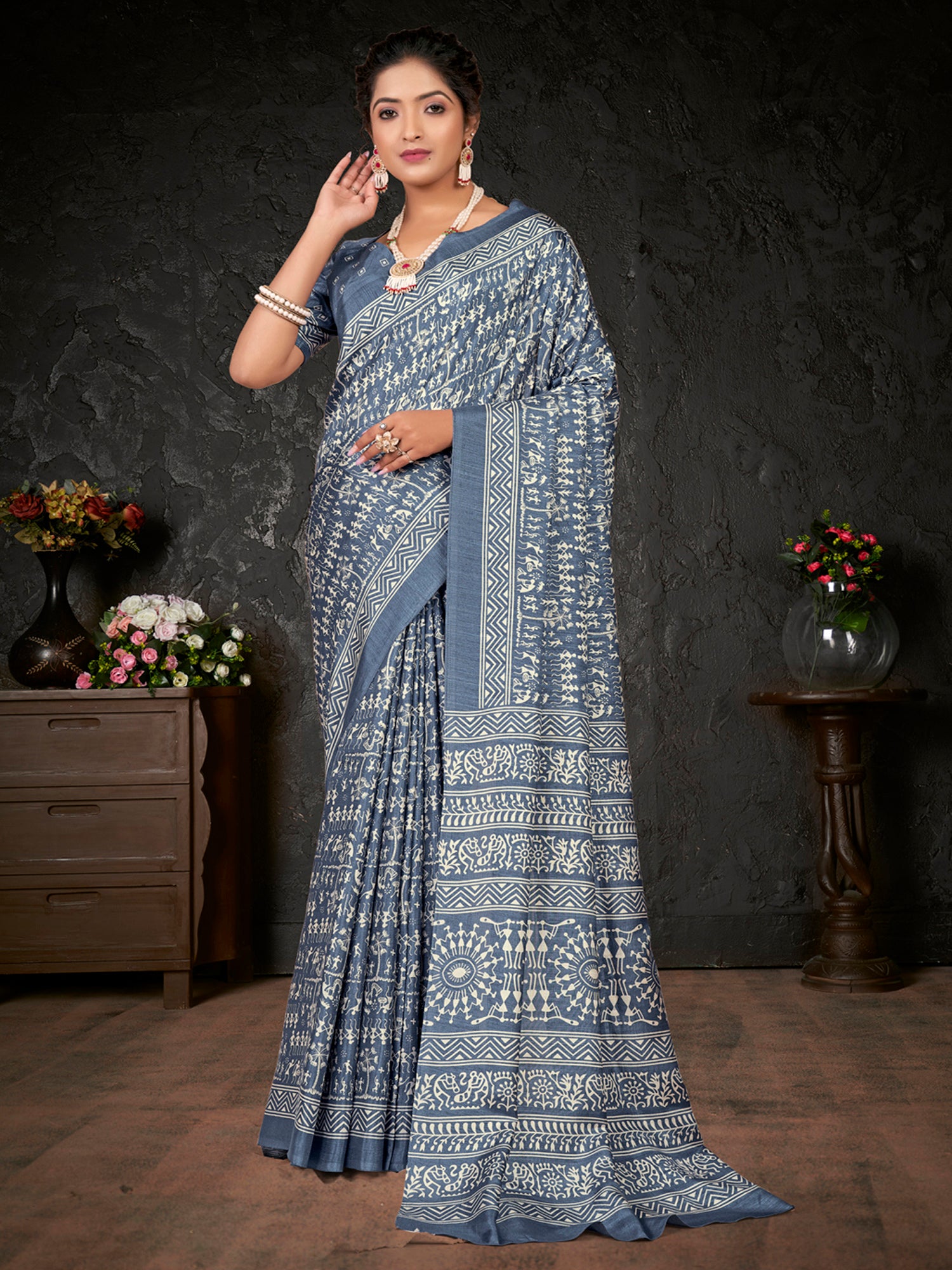 Dola Silk Grey Printed Designer Saree With Blouse
