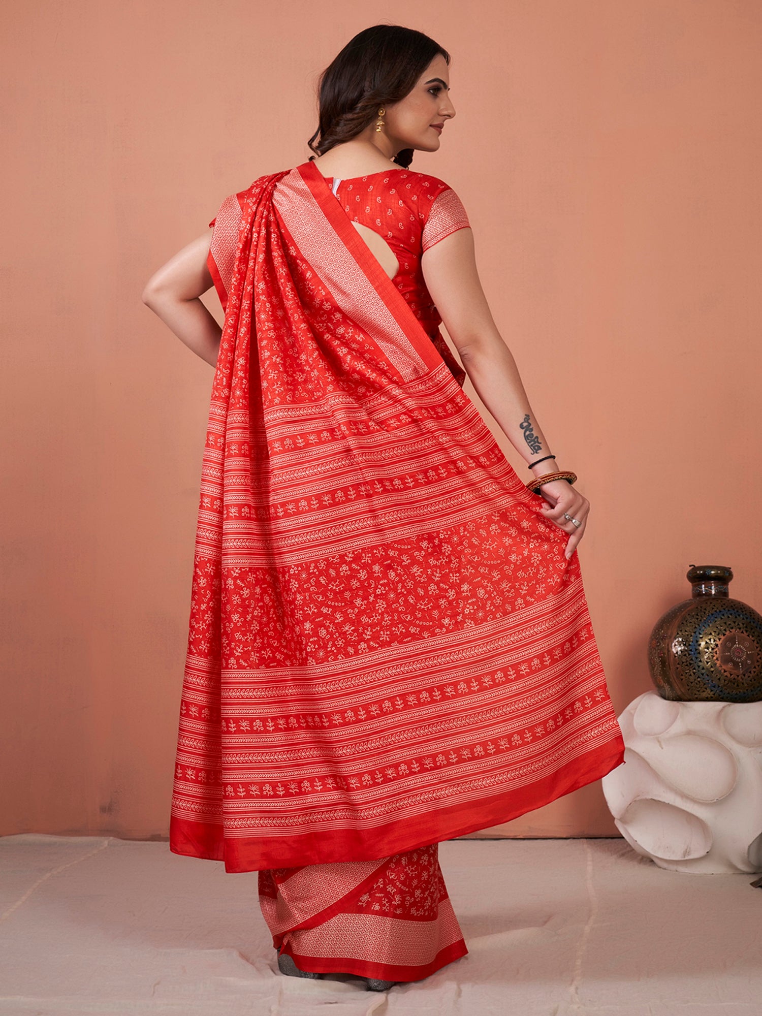 Dola Silk Red Printed Designer Saree With Blouse