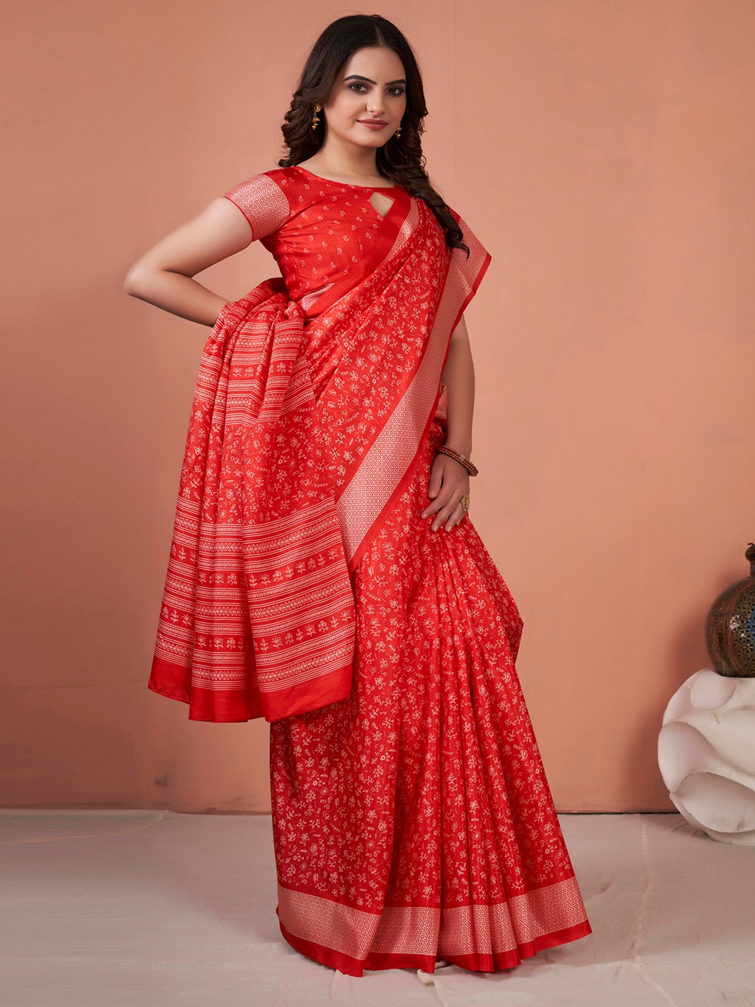 Dola Silk Red Printed Designer Saree With Blouse