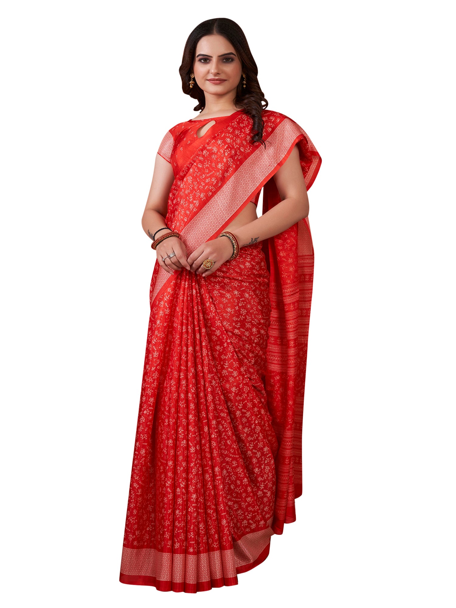 Dola Silk Red Printed Designer Saree With Blouse