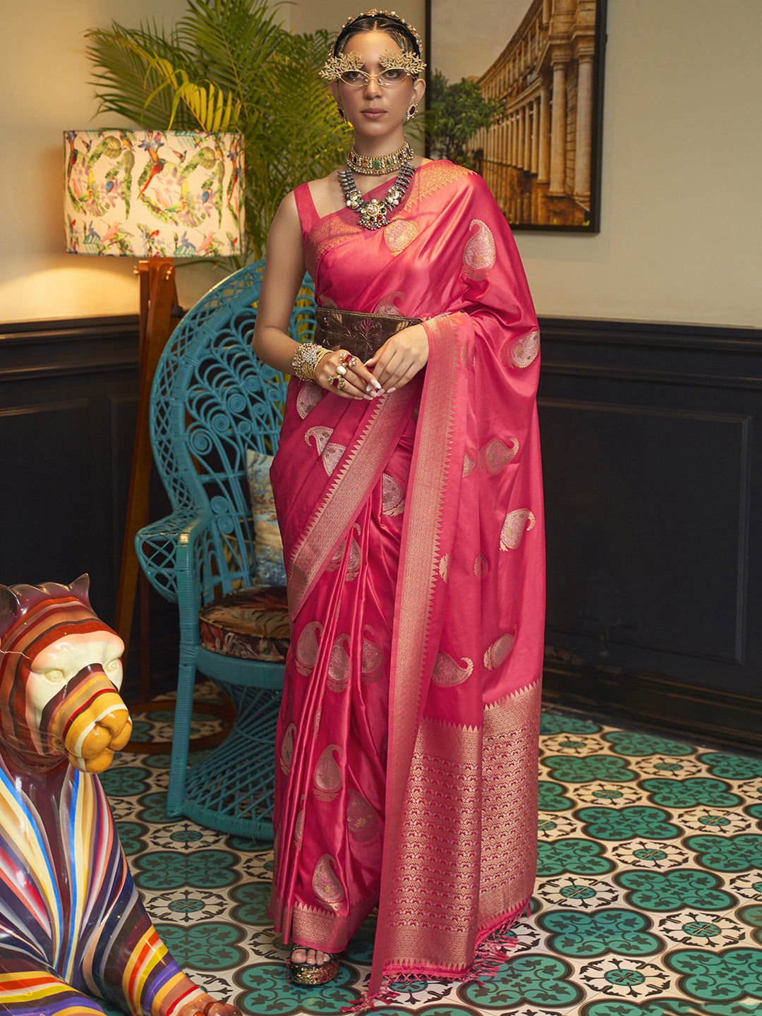 Silk Blend Pink Woven Design Designer Saree With Blouse