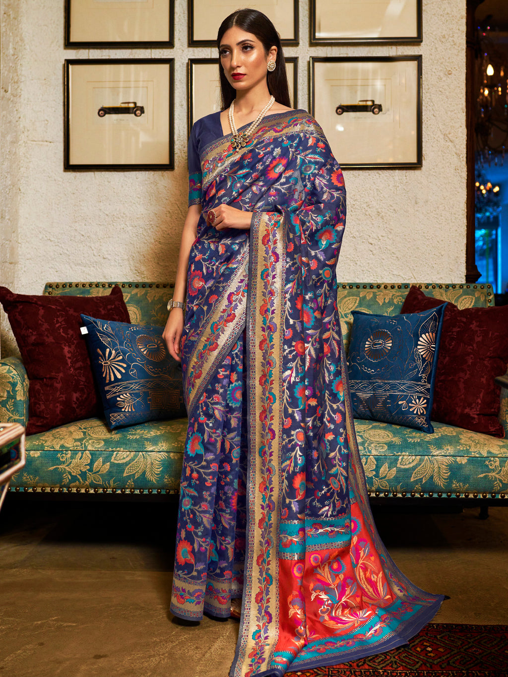 Modal NavyBlue WovenDesign Wovensaree With Blouse Piece