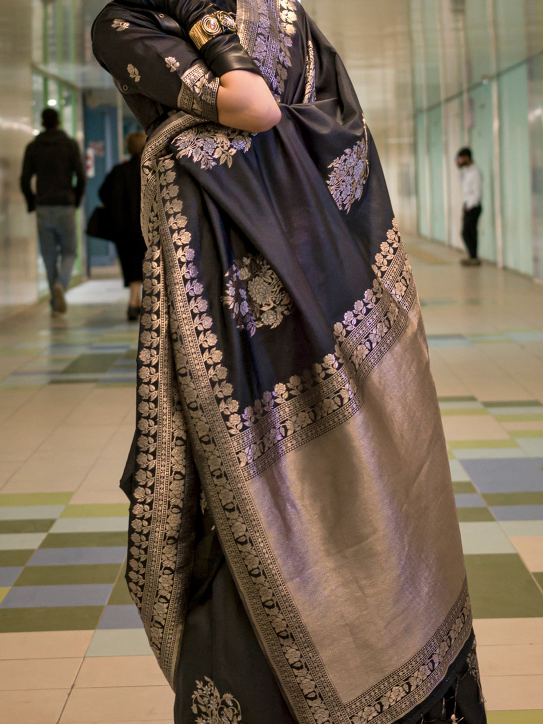 Silk Blend Black Woven Design Designer Saree With Blouse