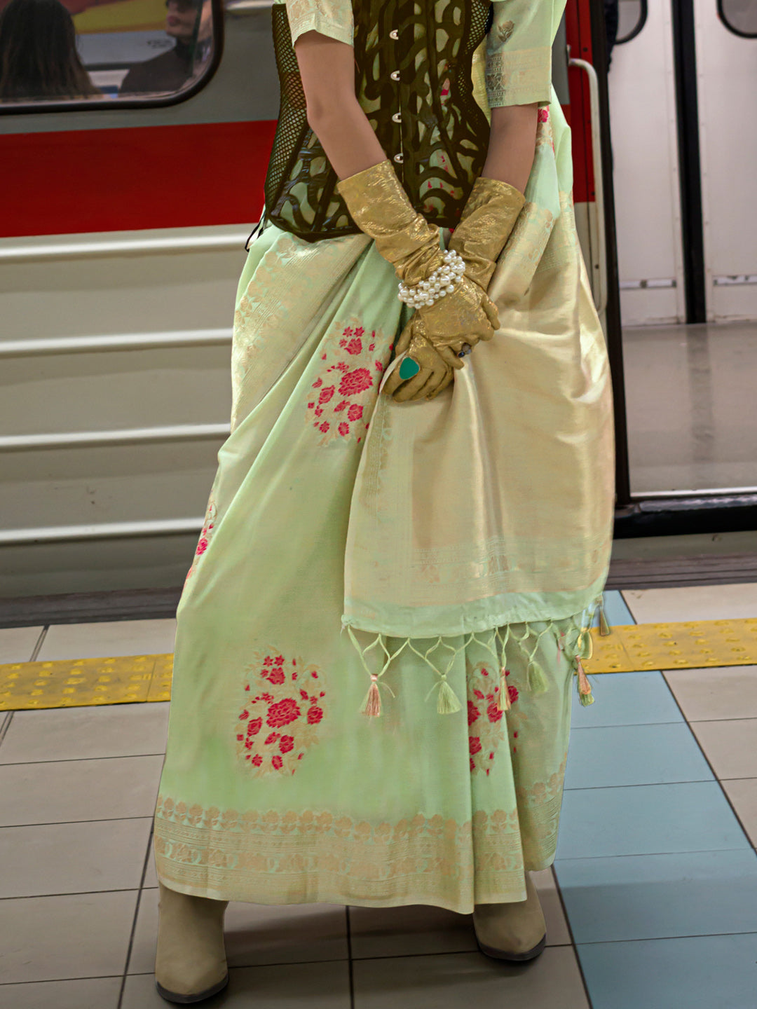 Silk Blend Light Green Woven Design Designer Saree With Blouse